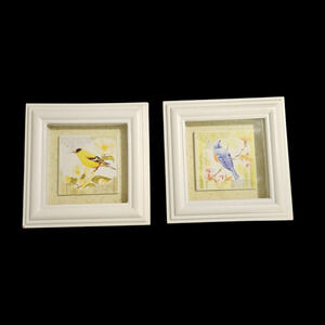 Pair Framed Bird Tile Shadow Box Art Set 6.5" Ceramic Wall Decor Cottage Style